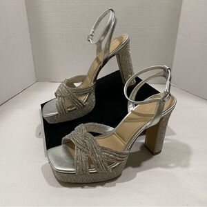 ALDO Rhinestone Platform Heels Silver Ankle Strap Women’s 8 ANWT